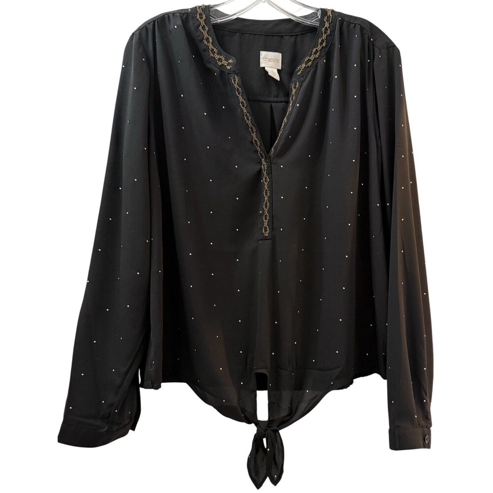 Chicos Embroidered Studded Front Tie Blouse Size XL (3) 16/18 Black Gold Shirt